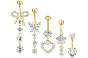 GLGHMH 5Pcs 14G Dangling Belly Button Rings, Silver Pink Stainless Steel Belly Bars with Flower Butterfly Heart, Navel Piercing Jewelry for Women Girls