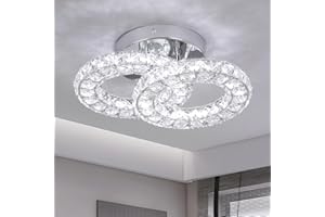 GreeLustr Crystal Chandelier Light Fixture, 3-Color Changeable Crystal Led Ceiling Lights, Rings Flush Mount Stainless Steel Lighting for Bedroom, Stairs, Aisles, Kitchen (2-Ring Style)