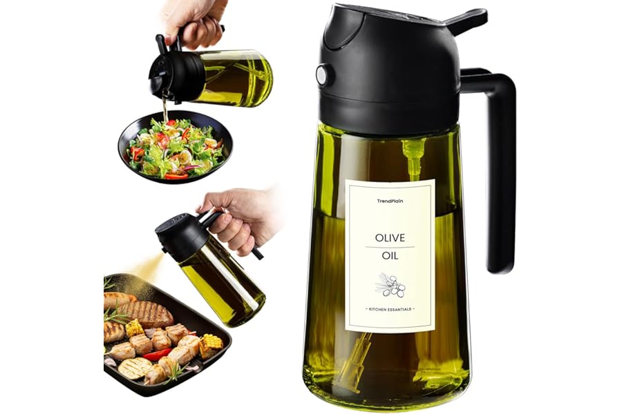 TrendPlain 470ml Olive Oil Spray Bottle - 2 in 1 Olive Oil Dispenser Bottle for Kitchen Accessories - Kitchen Gadgets, For Air Fryer - with Stickers, Light Blocking - Black