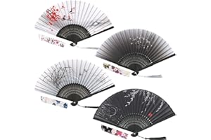 BETESSIN 4pz Ventagli Pieghevole da Donna Cinese Bambù Ventilatori a Mano Giapponese Nero Fiori con Nappa Regalo Matrimonio Nozze Ospiti Decorazione per Parete