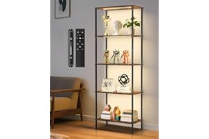 OUTONLIFE 5 Tier Bookshelf with LED Light, Touch & Remote Control, Tall Display Shelf for Storage, Wide Industrial Display Cabinet for Living Room, Bedroom, Office - Rustic Brown (60 × 30 × 170.5cm)