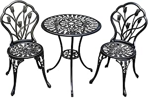 TangXiaoQi Antike gegossene Aluminium Taverne Set, 3-teiliges Set, Gartenmöbel Set mit Zwei Stühlen und rundem Tisch, dekoratives Design, Bronze Aussehen (Tulpe)
