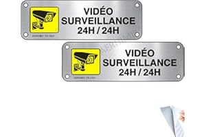 AERHIMIY Vidéo Surveillance 24H Panneau Métallique avec Adhésif, 2 Panneau Camera Surveillance 5×15cm, Résistant aux UV, Imperméable, Avec Trous Percés (Aluminium Brossé)