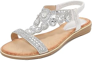 KUNWFNIX Summer Women's Flat Sandals Ladies Rhinestone Bohemian Walking Sandals Dress Shoes for Outdoor Beach Wedding
