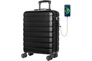 AnyZip Valigia Bagaglio a Mano PC ABS Valigia Trolley Rigido Ultra Leggero con USB Chiusura TSA e 4 Ruote Doppie Girevoli(Nero)