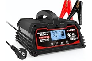 Yinleader Cargador de batería para automóvil 25A 12V/24V 12A/10A/5A Cargador de batería para automóvil Cargador Inteligente con Pantalla LCD, para 12V LiFePO4 - Negro