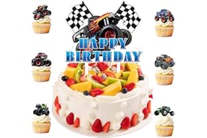 SUNDRERFECT Monster Truck zestaw nakładek na tort – Happy Birthday dla chłopców – dekoracje na muffinki, nakładki na babeczki, akcesoria dla dzieci