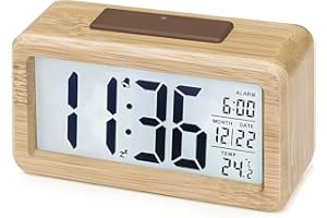 aboveClock Reloj Despertador Digital, Despertador con Pantalla de Temperatura, Pantalla Grande, Reloj Despertador Pilas Brillo Regulable, Función Snooze【3 × AAA Baterías Necesarias】(Bambú)