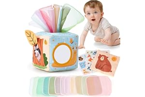 hahaland Jouet Bébé Boîte à Mouchoirs 6 Mois Jouet Sensoriels Montessori Aves Papiers Froissés et Boîte à Tissus, Jouets D'Éveil Bébé avec Miroir, Cadeau pour Fille Garcon 3 6 9 12 Mois