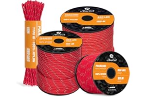 Abma Cord Paracorde 550 Réfléchissante 4mm Corde en Nylon (15m-30m-50m) Type III Paracord 7 Brins Corde de Survie, Corde Extérieure, Corde Tout Usage - Max. 250 kg - Réfléchissante Rouge, 30m