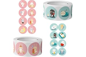 SacJkt Reward Stickers, 1000 Pcs Cartoon Animal Stickers, 2 Rolls Self-Adhesive Cute Reward Stickers for Children Parents Scrapbooks (Cat Rabbit)