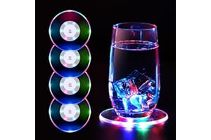 MEDOYOH 4er-Set Bunt LED Untersetzer für Getränke, ON/Off Wasserdicht Rund Untersetzer Acryl für Gläser Flaschen Partys Hochzeiten Bar Weihnachten Pub