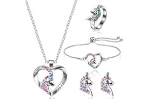Yaomiao Girls Jewelry Set Unicorn Necklace Bracelet Set with Earrings and Ring Girls Jewelry Set for Little Girl with Present Box Valentines Birthday Gift for Daughter Granddaughter Niece