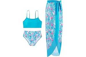 ESHOO Youth Girls Swimsuits 3 Pieces Bikini Bathing Suit with Cover Up Skirt Wrap Sets Kids Tropical Floral Bikini Swimsuits Beach Swimwear for Teen Girls