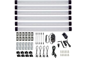 AIBOO Juego de 6 Barras LED Regulables con Interruptor, Cocina Debajo de La Luz del Gabinete, Luces de Barra de Cocina para Encimera con Atenuador de Dial, Iluminación de Armario(Blanco Frio 6000K)