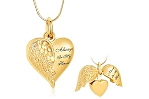 Minicremation Naszyjnik z urną w kształcie serca, wisiorki na prochy, skrzydła anioła, kremacja, biżuteria dla kobiet, mężczyzn, pamiątka, biżuteria z popiołem, Always in my Mind Forever in my Heart, Stal nierdzewna Cyrkonia sześcienna Kamień, Cyrkon Diament Bursztyn