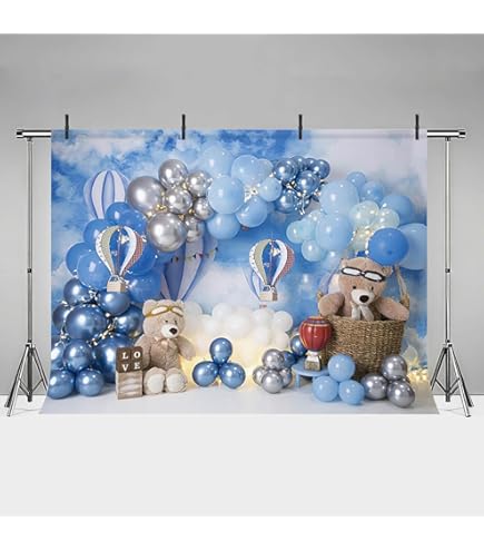 Renaiss Fotohintergrund 2,7x1,8m - Blauer Bär Baby Dusche Dekoration