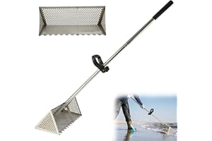 JAOGAUS Rastrillo de playa, rastrillo para pulgas de arena, colador de arena de acero inoxidable con cesta trapezoidal ancha, rastrillo de arena extraíble con mango largo, dientes afilados, trampa plegable