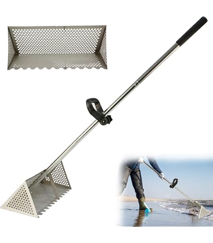 Lot de 2 pelles de plage en acier inoxydable, tamis à dents de requin en métal, manche noir, pelle à sable pour reptile, ramassage de coquillages, outil de collecte pour tamiser les créatures marines