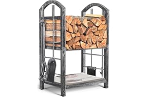 AMAGABELI GARDEN & HOME Amagabeli Camino Portalegna con set di attrezzi Portalegna per interni Outdoor Heavy Duty Large Storage Legno in ferro battuto Accessori per camini Vintage Tin Color