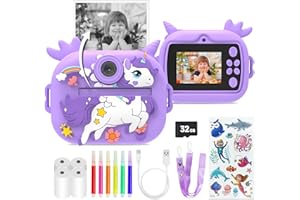 MAXGIA Aparat dziecięcy z wyświetlaczem o przekątnej 2,4", aparat cyfrowy dla dzieci z papierem do drukowania i kartą TF 32 G, kamera wideo 1080p HD z kolorowymi pisakami, prezent dla dzieci w wieku 3-12 lat