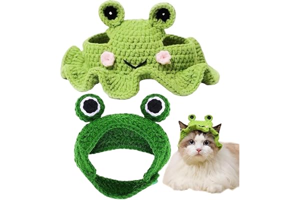 Cat Hat,Cat Clothing, 2 pcs Halloween Costume for Cat,Cats Hat and Frog Hats Set, Soft Knit Cats Outfits for Birthdays and Parties, Adjustable Costumes with Comfortable Fit