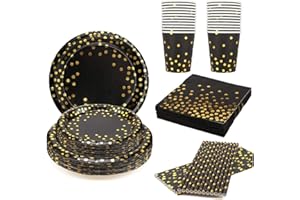 EVYIENEN 125 pezzi piatto di carta compleanno nero oro, accessori per feste set di piatti di carta, 25 ospiti piatti di carta tazze tovaglioli cannucce per baby compleanno festa di nozze (Nero oro)