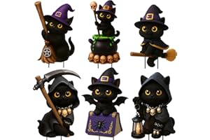 Giggleye Halloween Gartendeko Schwarze Katzen 6er Set – Gruselige Deko Figuren mit Hexenhut, Besen & Zauberbuch – Wetterfest & stabil mit Ständern – Für Garten, Terrasse, Rasen & Outdoor Halloween