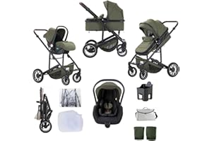Lnhcrbs Poussette 3 en 1, Système de Voyage,Vert-Poussette Tout Terrain, Poussette Avec Cosy Avec Habillage Pluie Moustiquaire, Poussette Avec Poignée Réglable,Avec Châssis en Aluminium, 0-4,22Kg