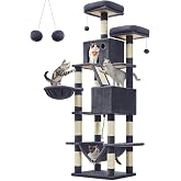 FEANDREA Kedi Ağacı, B&uuml;y&uuml;k Oyun Kulesi, Y&uuml;kseklik 206 cm, 13 &Ccedil;izik Tahtası, 1 &Ccedil;izik Tahtası, 2 Platform, 2 Niş, Sepet, Hamak,