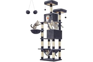 Feandrea Arbre à Chat, Hauteur 206 cm, avec 13 Griffoirs, 2 Plate-Forme, 2 Niches, Panier, Hamac, Pompon, Tissu Peluche, Multi-Niveaux pour Chat d'Intérieur, Gris Foncé PCT190G01
