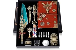 MPRINCE Quill Pen Ink Set Leather Notebook With Quill Pen, Notebook, 5 Replaceable Nibs, Seal Stamp, Spoon, Wax Beads, White Wax, Ink, Pen Holder, Cup, Envelope(green)