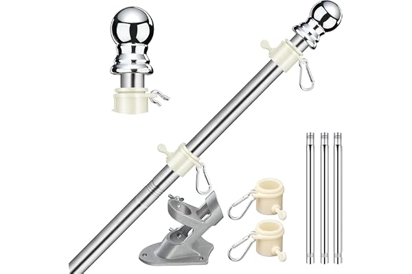 Kit de Mât de Drapeau en Aluminium 150cm, avec Support Mât de Drapeau en Acier Inoxydable à Fixe au Mur avec Anneaux Rotatifs