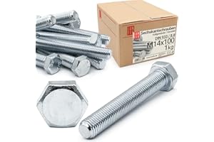 LUN FIX Boulons hexagonaux M14x100 DIN 933 acier galvanisé 8.8, filetage complet, vis hexagonales, visserie boulonnerie pour assemblage métal, construction, bricolage, 1 kg (env. 7 pcs)