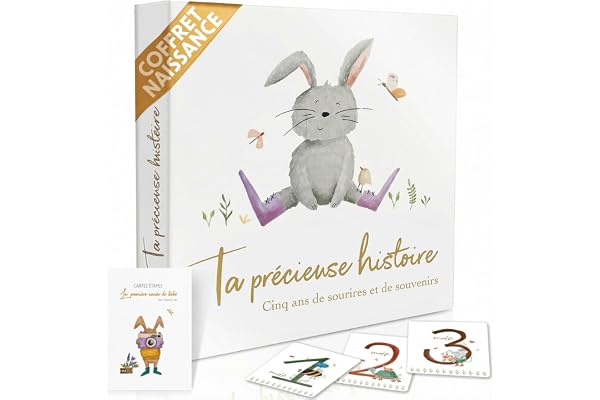 Livre de naissance bébé 0-5 ans – Album & journal souvenirs 120 pages pour photos – 6 pochettes – 13 cartes étapes bébé (12 mois + carte de bienvenue) – Cadeau naissance fille garçon