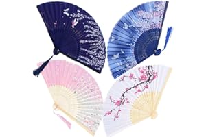 Rmeet Składane wachlarze, 4-pak ręcznych bambusowych wachlarzy z frędzlami, chińskie klasyczne wachlarze do tańca do dekoracji ścian, prezent ślubny, przyjęcie, upominek dla gości
