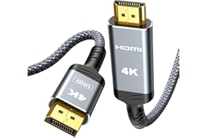 Highwings 4K DisplayPort to HDMI, 6ft DP to HDMI Male UHD Cable, 1440P/2K@120Hz, 4K@30Hz, Nylon Braided Uni-Directional Cord for Dell, NVIDIA, AMD, Lenovo, HP, Monitor, Projector, Desktop (Grey)