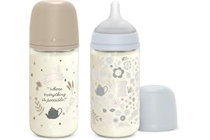 Suavinex, Pack Biberones de Vidrio de 240 ml. Biberón con Tetina Fisiológica SX Pro de Silicona, Anticólicos, Biberón con Tetina de Flujo Medio (M), Para Bebés +3 Meses, Wonderland Azul, Beige