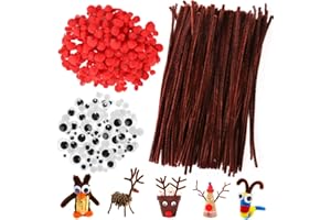 ZALOIFE Pfeifenputzer Braun zum Basteln, 100 Stück DIY Pfeifenreiniger Chenilledraht, 200 Stück Rote Pompons, 200 Stück Wackelaugen Selbstklebend für Deko Weihnachten Bastelzubehör
