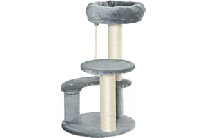 Pawhut Albero Tiragraffi Gatti a 3 Livelli in Peluche Sisal Naturale Grigio Ф40x65cm