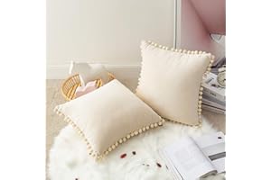 MIULEE 2 Piezas Terciopelo Funda de Cojín Fundas de Almohada con Pompones Cojín Decoración Sofá Cama Silla Dormitorio Salon Habitacion 50x50cm Blanco Crema