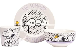 United Labels Snoopy zestaw śniadaniowy dla dzieci, Snoopy Did someone Say Food, zestaw naczyń porcelanowych, 3-częściowy z talerzami, miską i filiżanką, nadaje się do mycia w zmywarce i używania w