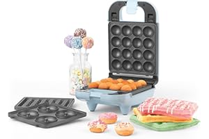 ‎PETRA Petra kompaktes Multifunktionsgerät 3-in-1 Donutmaker Cake Pops & Waffeleisen, Party-Gadget, leicht zu reinigende herausnehmbare Antihaftplatten, 650W, pastellblau