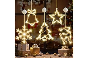 LYUBASA 5Pack Christmas Window Lights Decorations with Timer,Battery Powered Christmas Hanging Warm White Lighted Snowflake Tree Star Deer Bells Shaped LED Sucker for Xmas Fireplace Indoor Decor