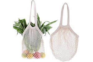 LEOEASIY 2 Piezas Bolsa Red,Bolsas de Malla de la Compra con Mango Largo,Malla Reutilizables,Bolsa de Compra de Red de Algodón,Reutilizables,Bolsas de la Compra para Frutas y Verduras (Beige)