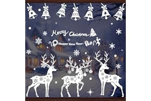 COSIESNEST 3 arkusze świątecznych naklejek na okna dla dzieci, 30 x 20 cm, białe naklejki okienne, dwustronne, statyczne, renifery, bałwanki, świąteczne naklejki dekoracyjne do dekoracji okien (renifer)