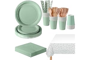 PYAILI Stoviglie per Feste 169 Pezzi Verde Salvia Festa della Addobbi Ragazza di Compleanno dei Dambini Articoli per Feste Set Include Piatto Carta Party Tazze Tovaglioli -24 Ospiti