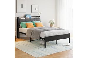 FOUBAM Metalowa rama łóżka 120 x 200 cm, ze stacją ładującą, łóżko 120 x 200 cm, ergonomiczne, wytrzymałe metalowe łóżko z drewna, zagłówek z materiału, łóżko dla gości, łóżko podwójne/pojedyncze