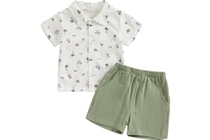 ESSECMBS Kleinkind Baby Jungen Sommer Niedliche Dinosaurier Bekleidungsset 2PCS Kurzarm Revers Kragen Button-Down-Hemden Bluse Einfarbige Kurze Hose Jungen Gentleman Kleidung