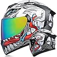 Full Face Motorcycle Helmet with Internal Sun Visor DOT Approved Helmets with Dual Visor Anti-Glare Motocross Street Bike Racing Crash Helmet for Men Women, with Design Graphics White Grey,M